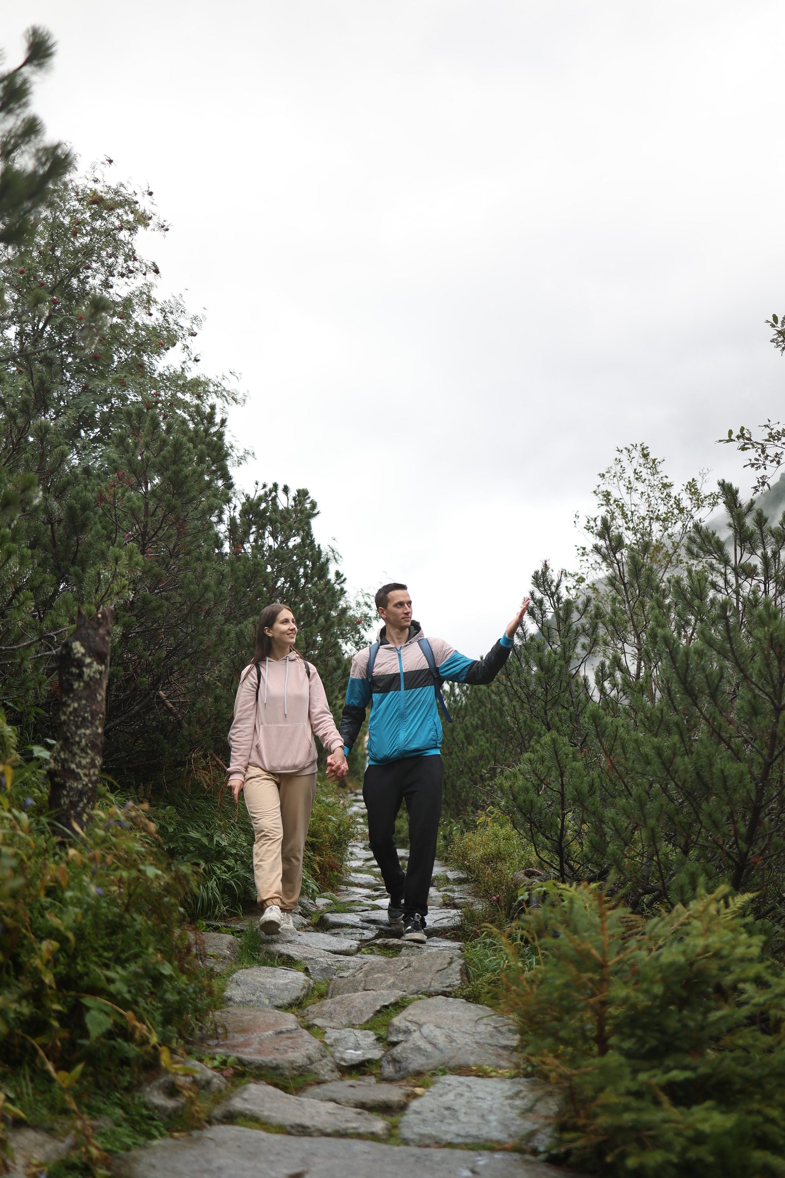 Couple walking on a mountain path among pine trees
