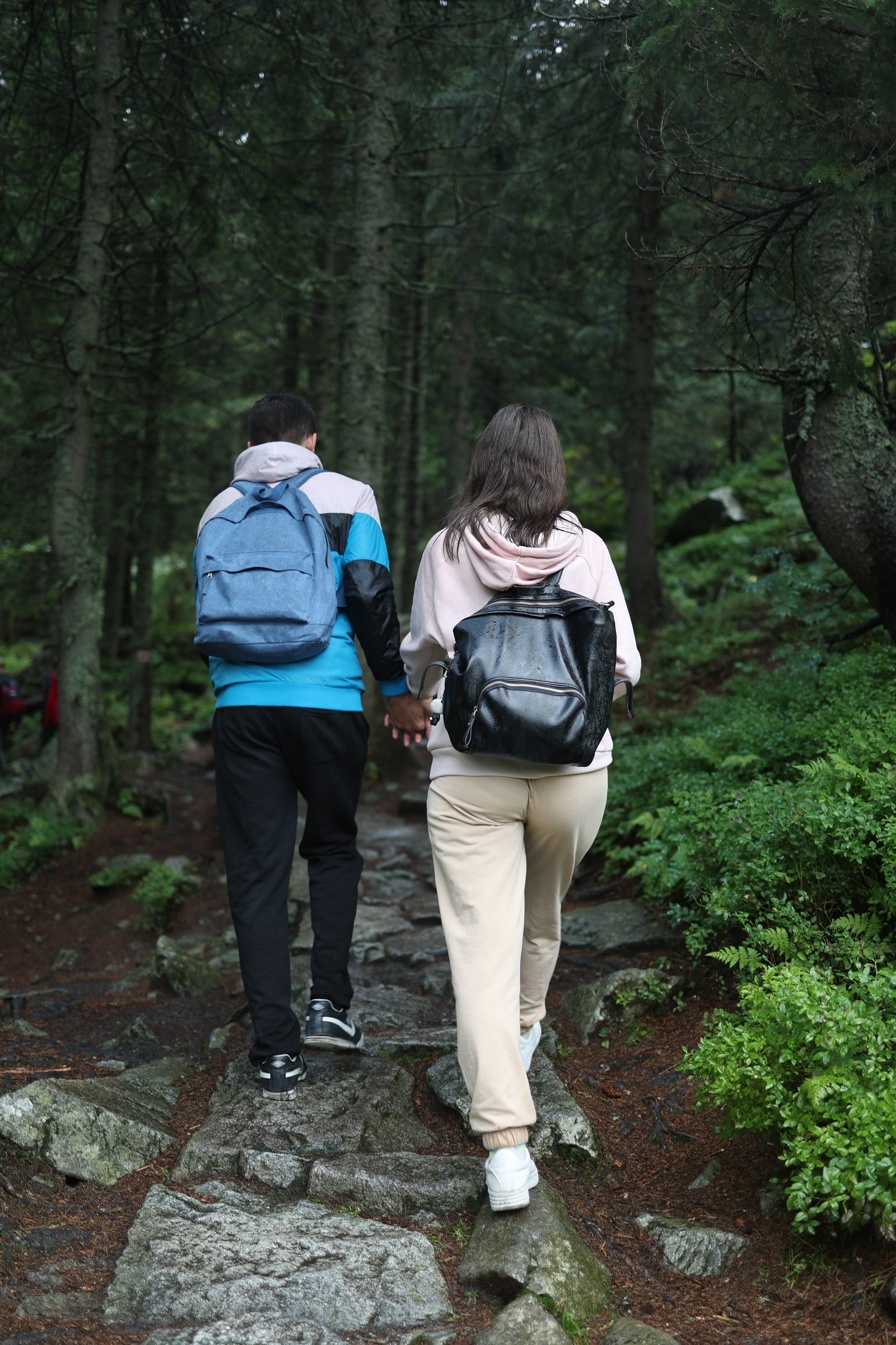 Couple holding hands on a forest trail